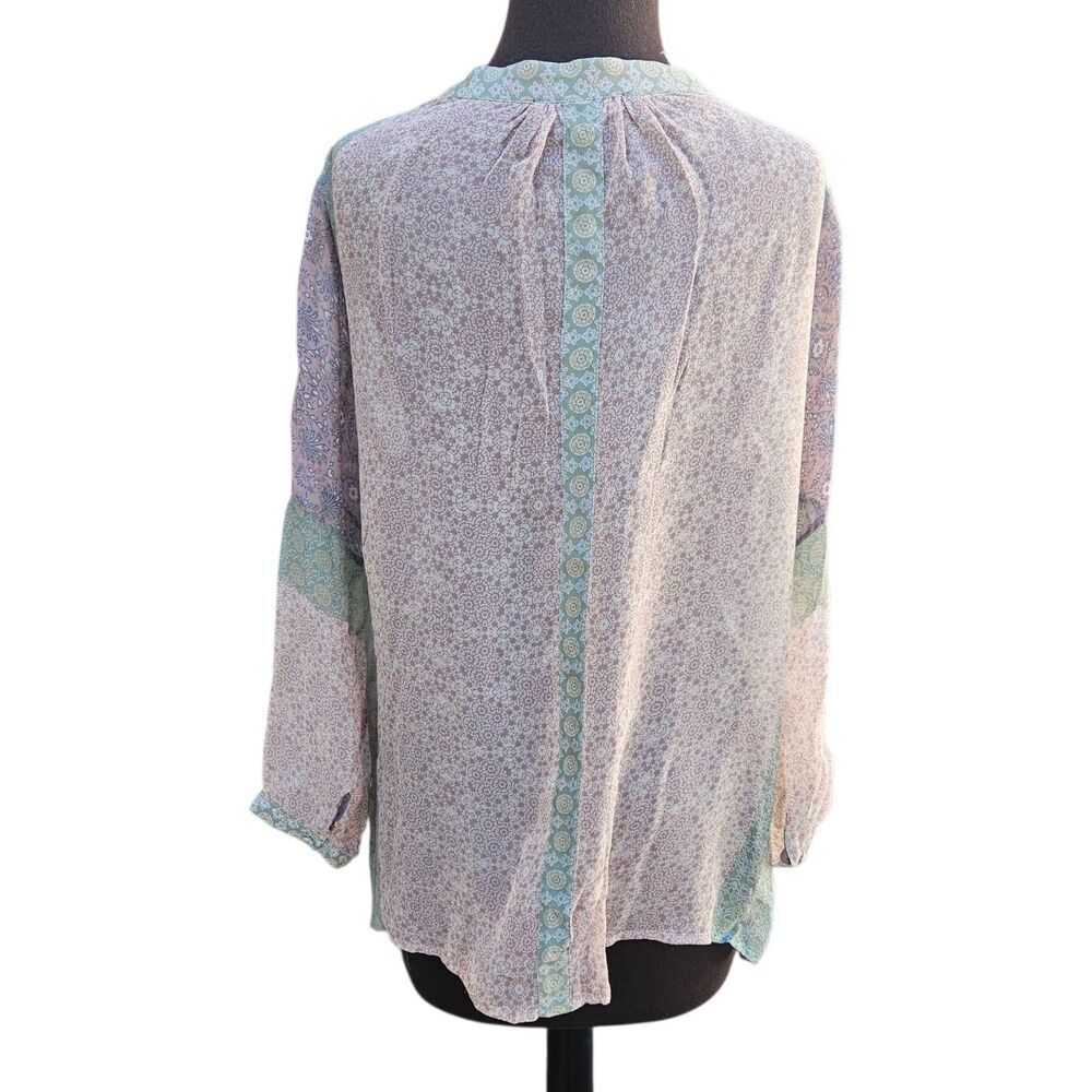 GYPSY Sz L Mauve Pink Green Floral Patchwork SILK SHEER PEASANT BLOUSE Tassels - Picture 2 of 8